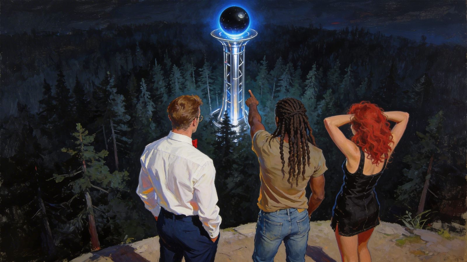 Characters Converse Before a Chrome Tower in Dark Forest