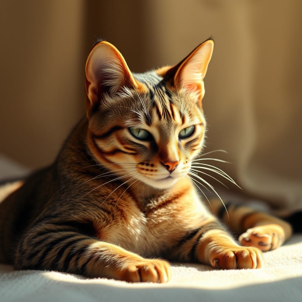 Elegant Brown Tabby Cat in Warm Sunbeam