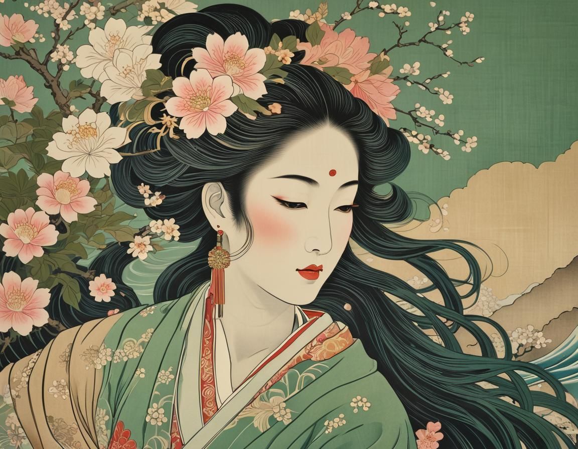 Serene Figure in Ukiyo-e Woodblock Art Style