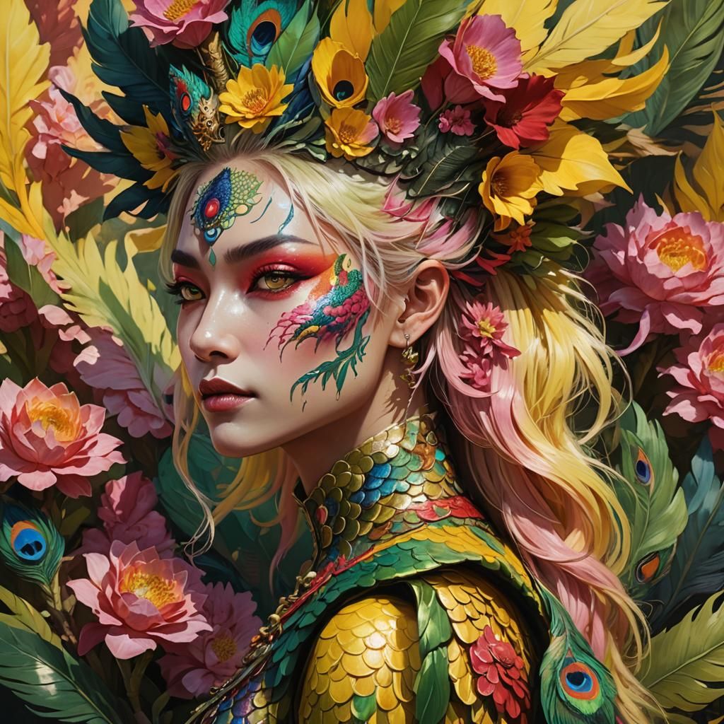 Exotic Dragon Peacock Woman in Splash Art Style