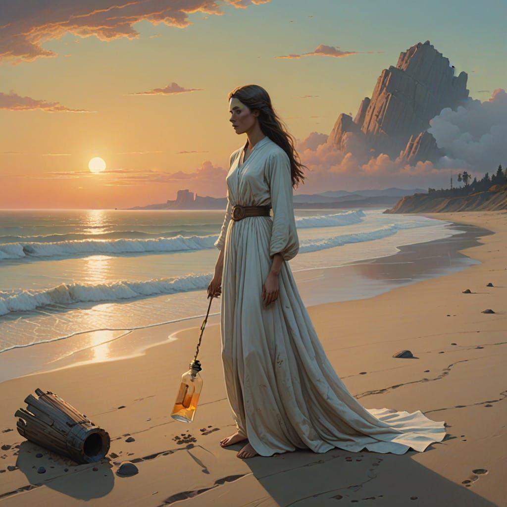 Serene Woman Holds Secret Message in Bottle on Tranquil Beac...