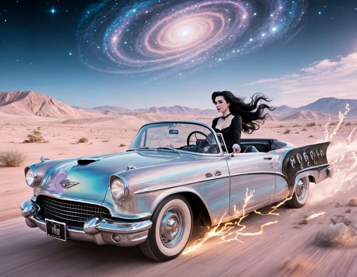 Gothic 1950s Car in Surreal Desert Landscape