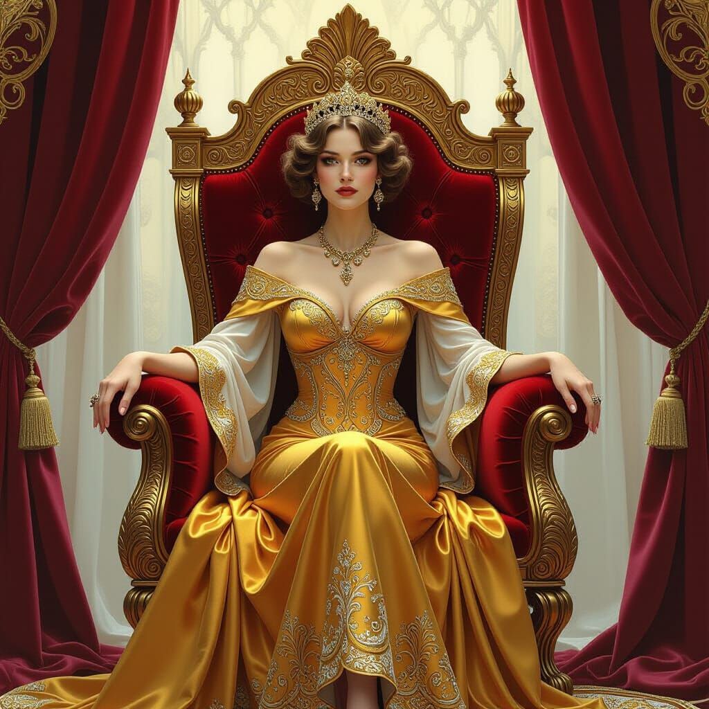 Regal Woman on Throne in Art Nouveau Style