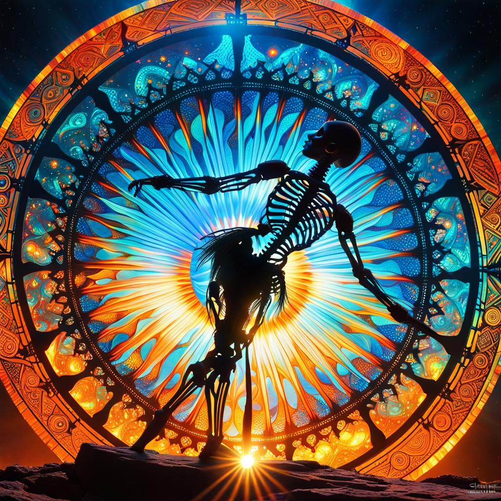 Opalescent Glass Skeleton Dancer Against Supernova Sun