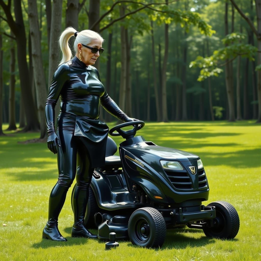 Elderly Woman in PVC Mows Lawn in Futuristic Forest