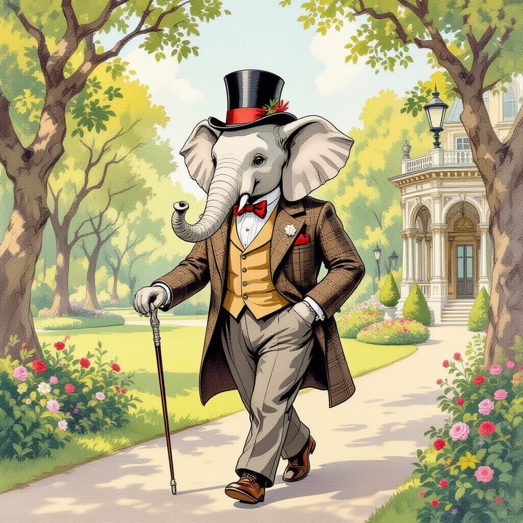 Victorian Elephant Gentleman in Arthur Rackham Style