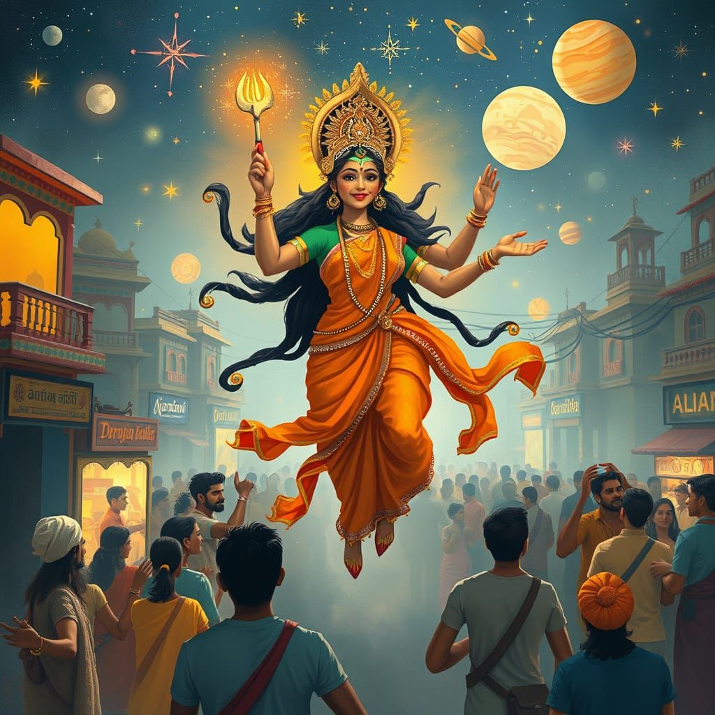 Durga Rescues People in Indian City with Celestial Lighting