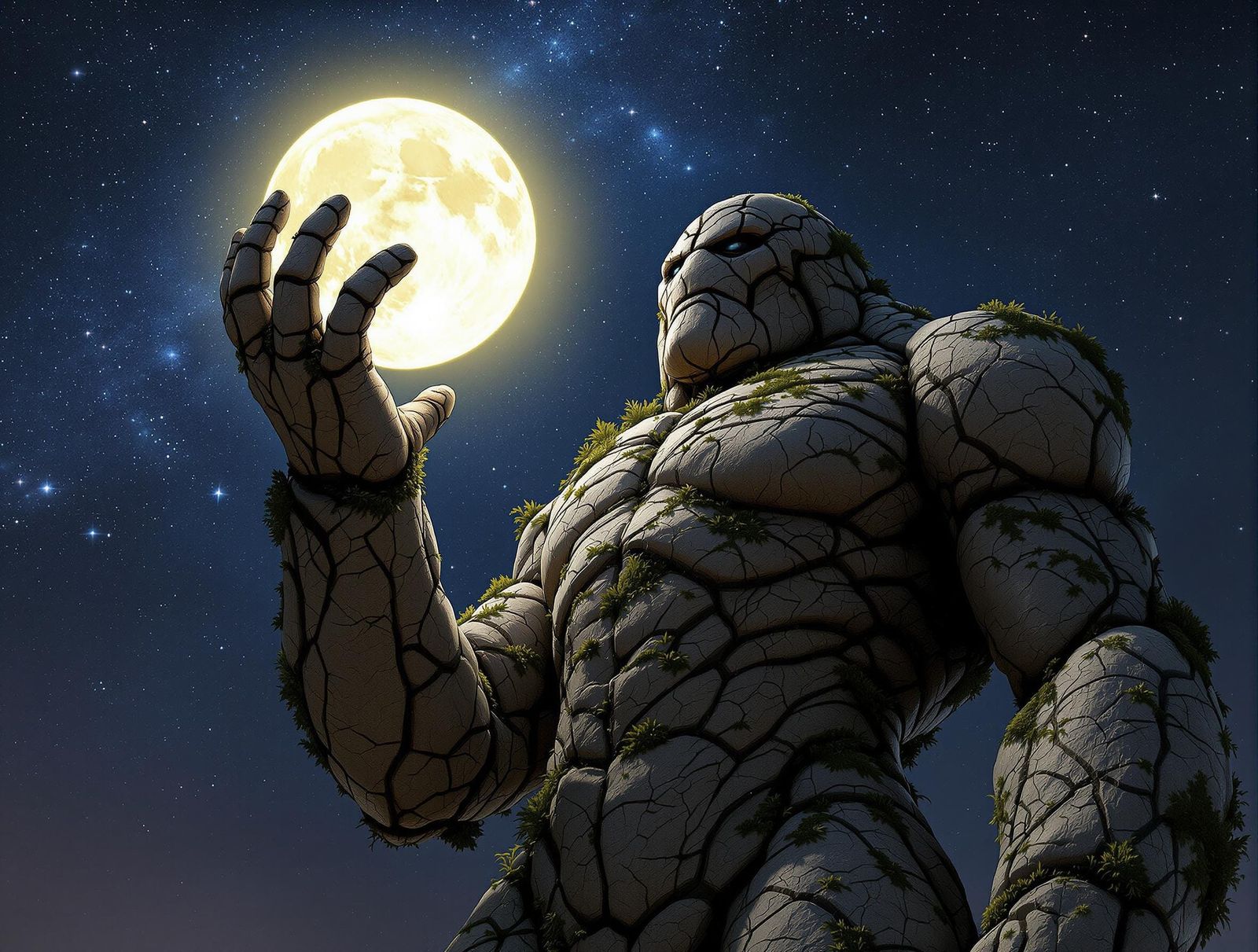Gigantic Stone Golem Reaches for the Starry Moon