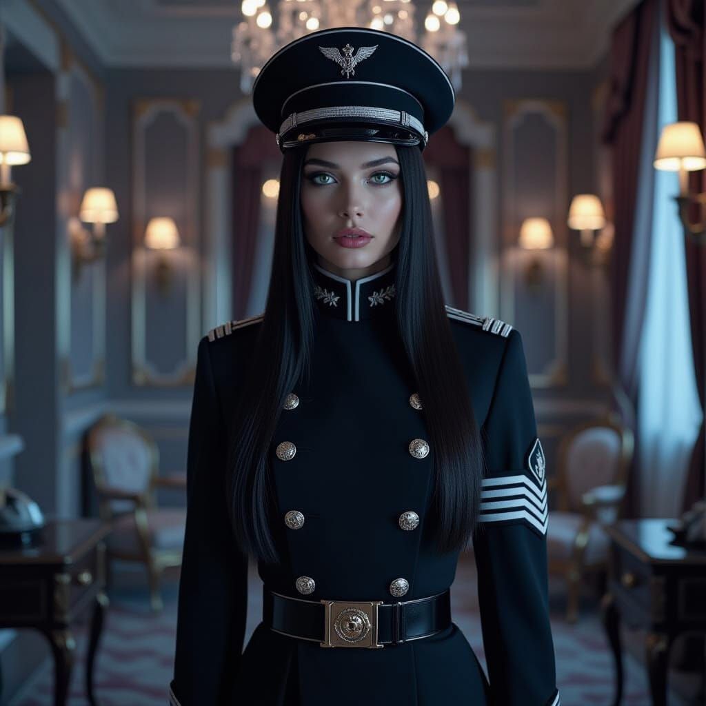 Woman in Black Military Uniform in Luxurious Dressing Room
