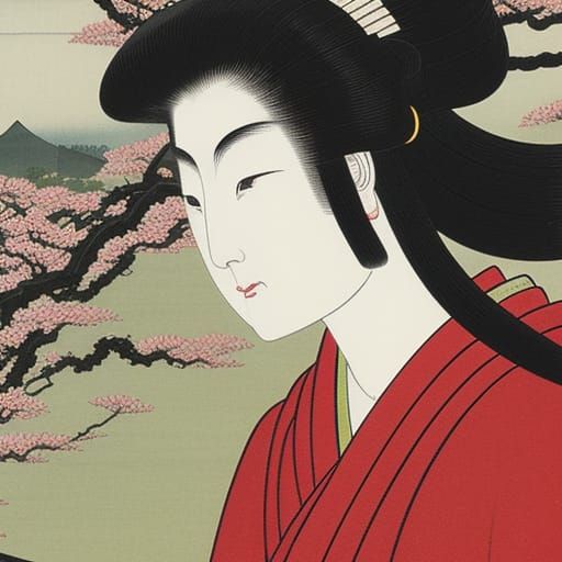 Samurai Woman Under Cherry Blossoms in Ukiyo-e Style