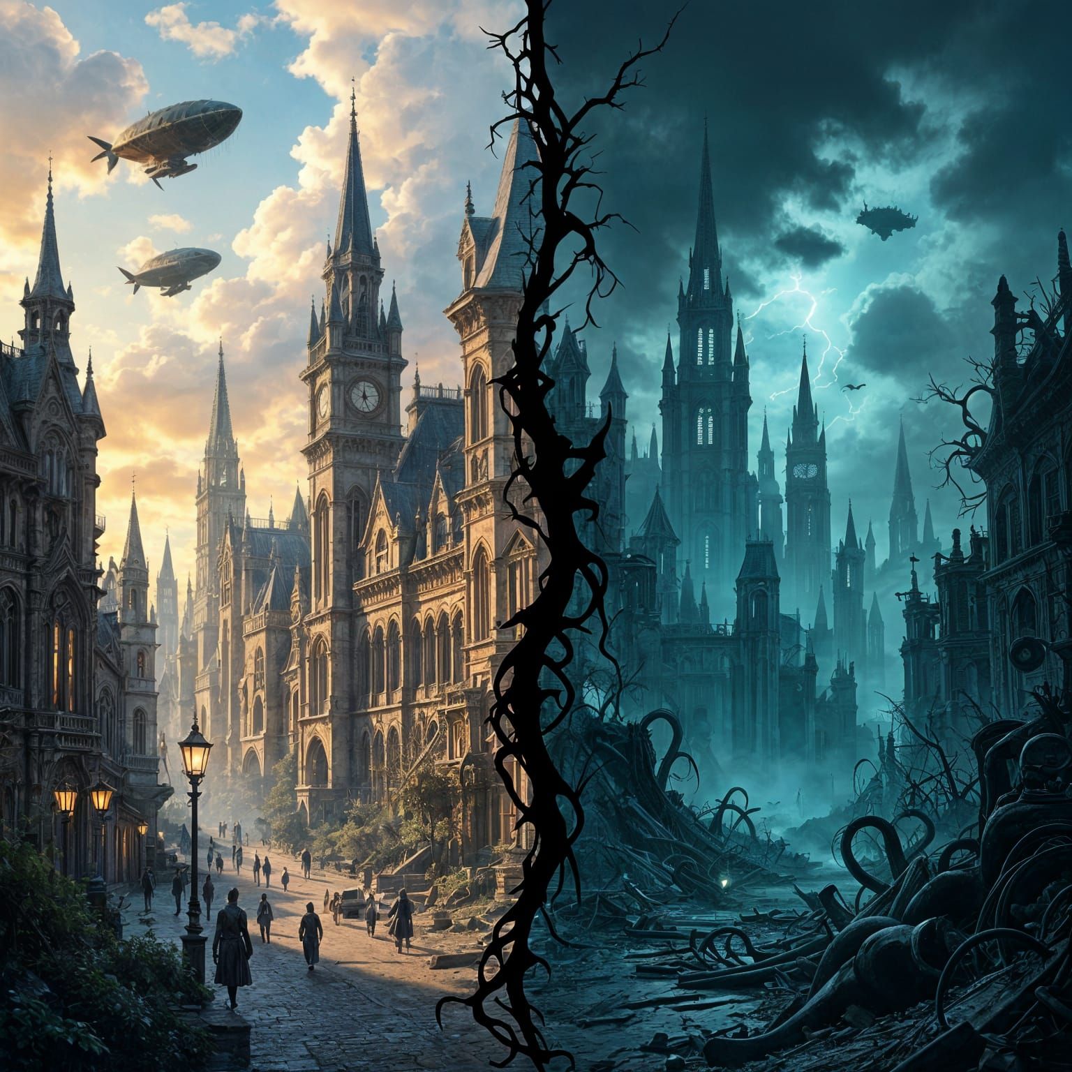 Victorian Gothic City Split: Sunlight and Shadow