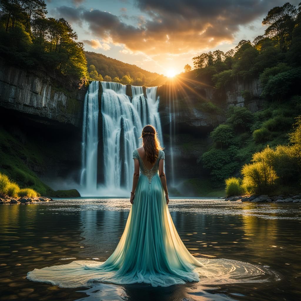 Woman in Luminous Dress at Sunset Waterfall