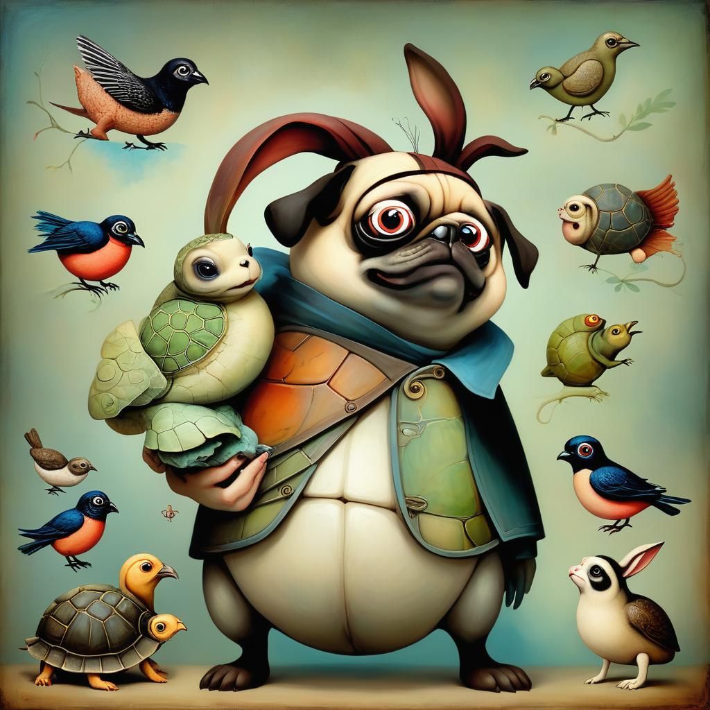 Rabbit, Turtle, Birds, and Pugs in Watercolor Style