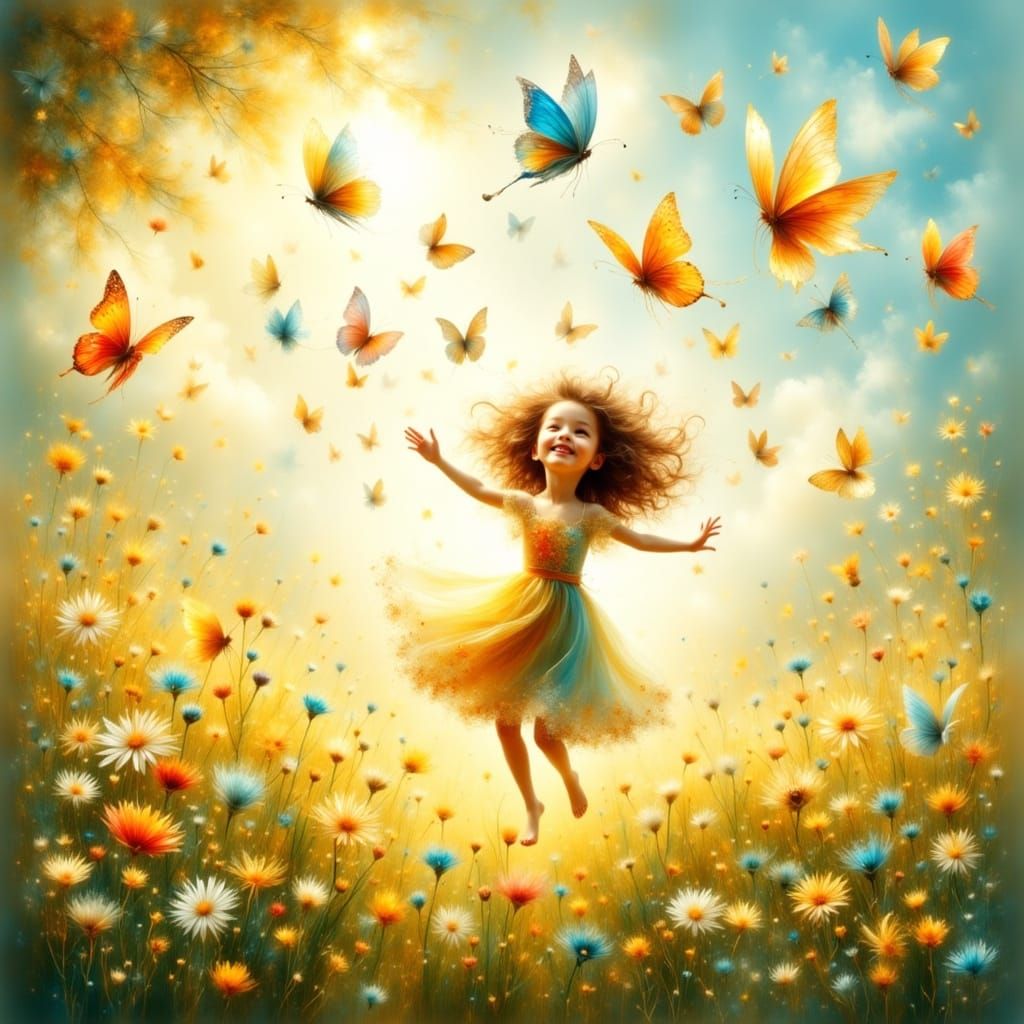 Joyful Child Chasing Butterflies in Sunlit Meadow