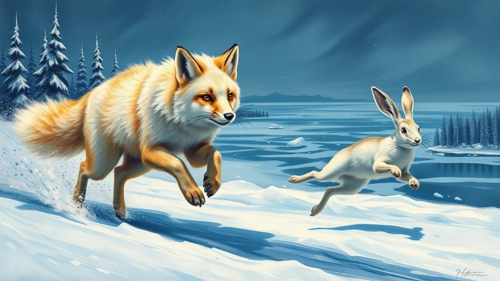 Arctic Fox Chasing Hare in Winter Wildlife Art