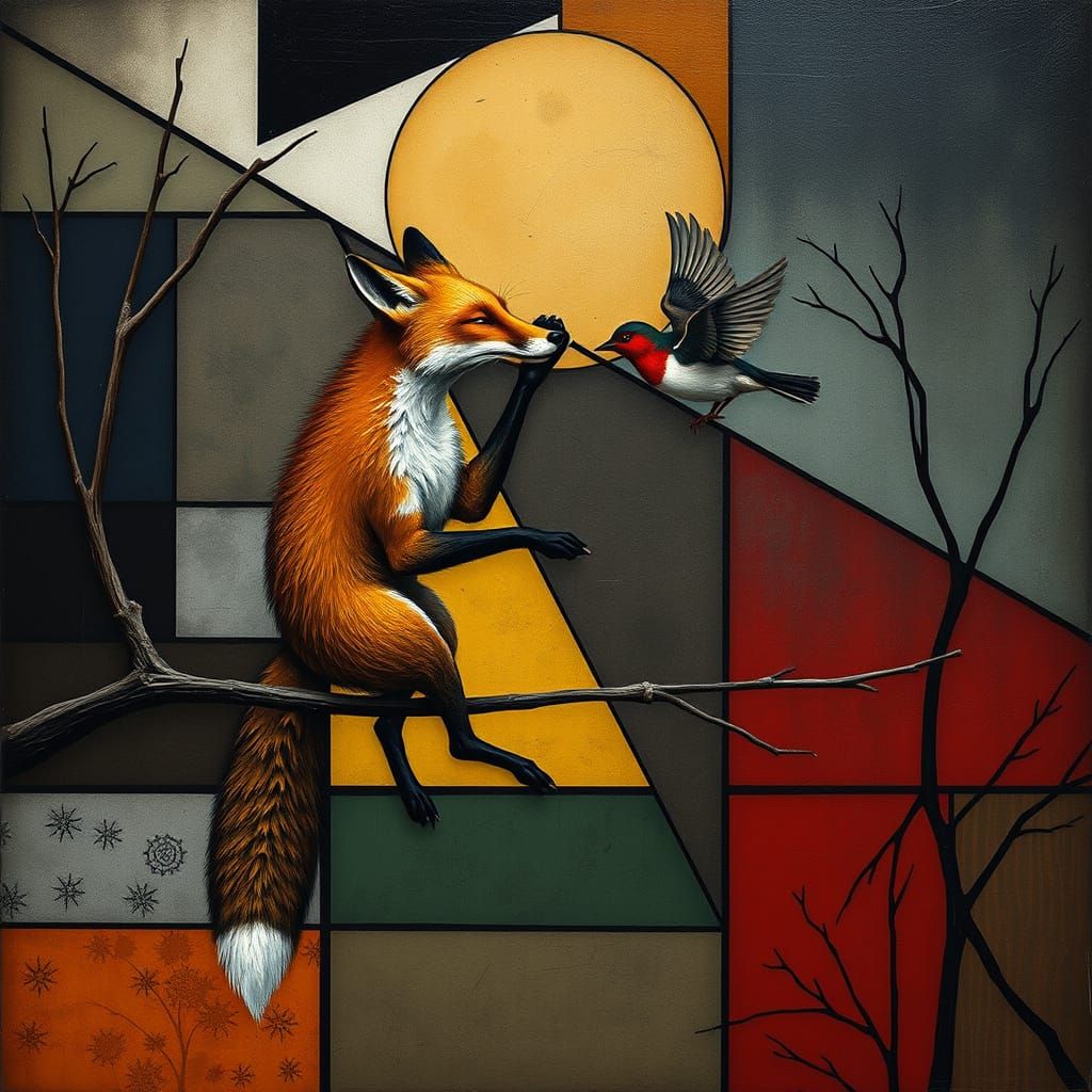 Surreal Fox in Macabre Waltz with Swinging Sparrow