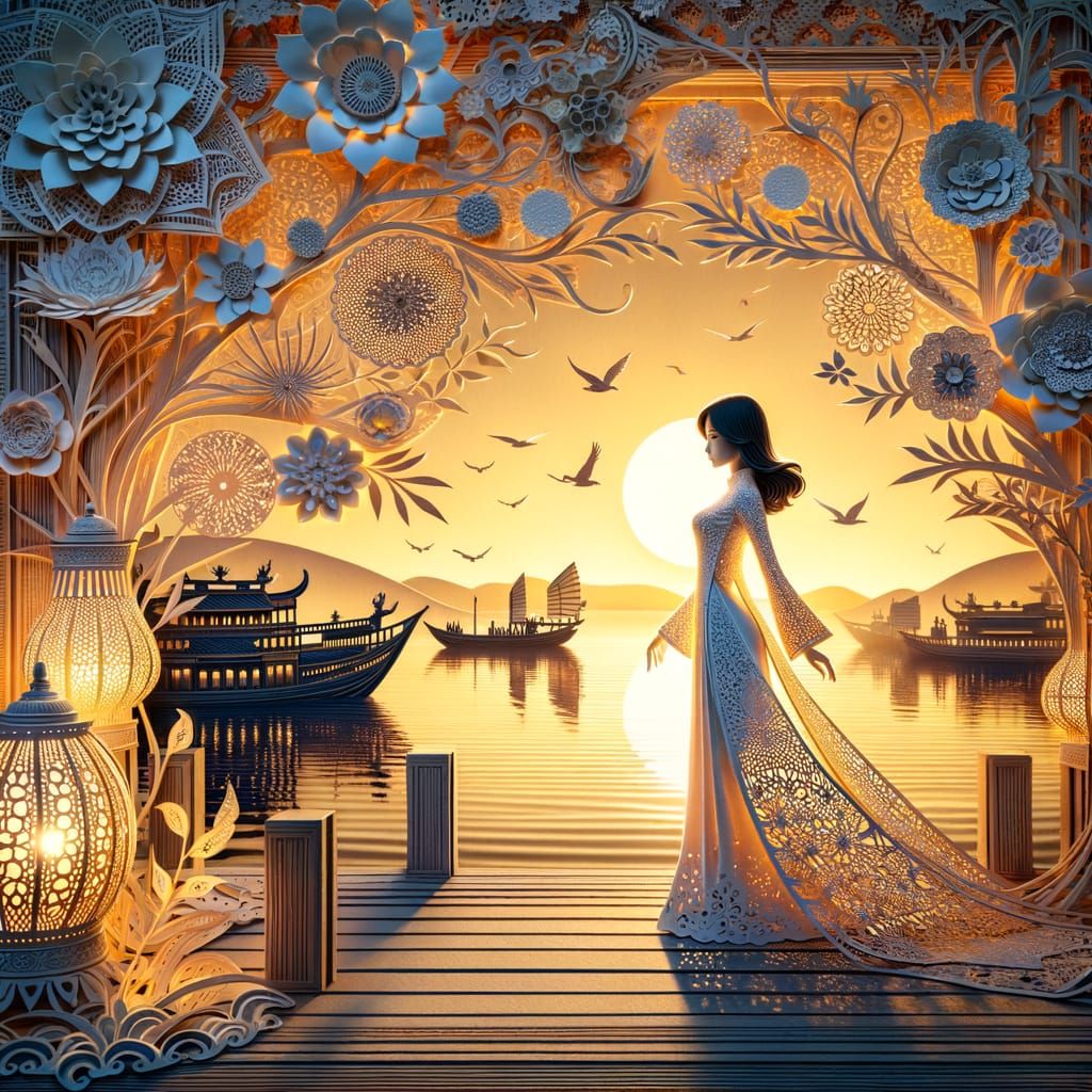 Vietnamese Lady on Pier in Paper Cut-Out Style