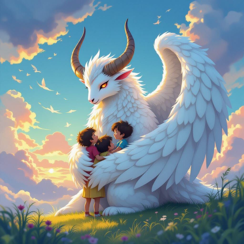A horned sky beast that cradles orphans in its wings