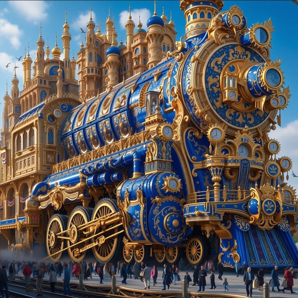 Baroque Imperial Train Cityscape in Resplendent Gold and Roy...