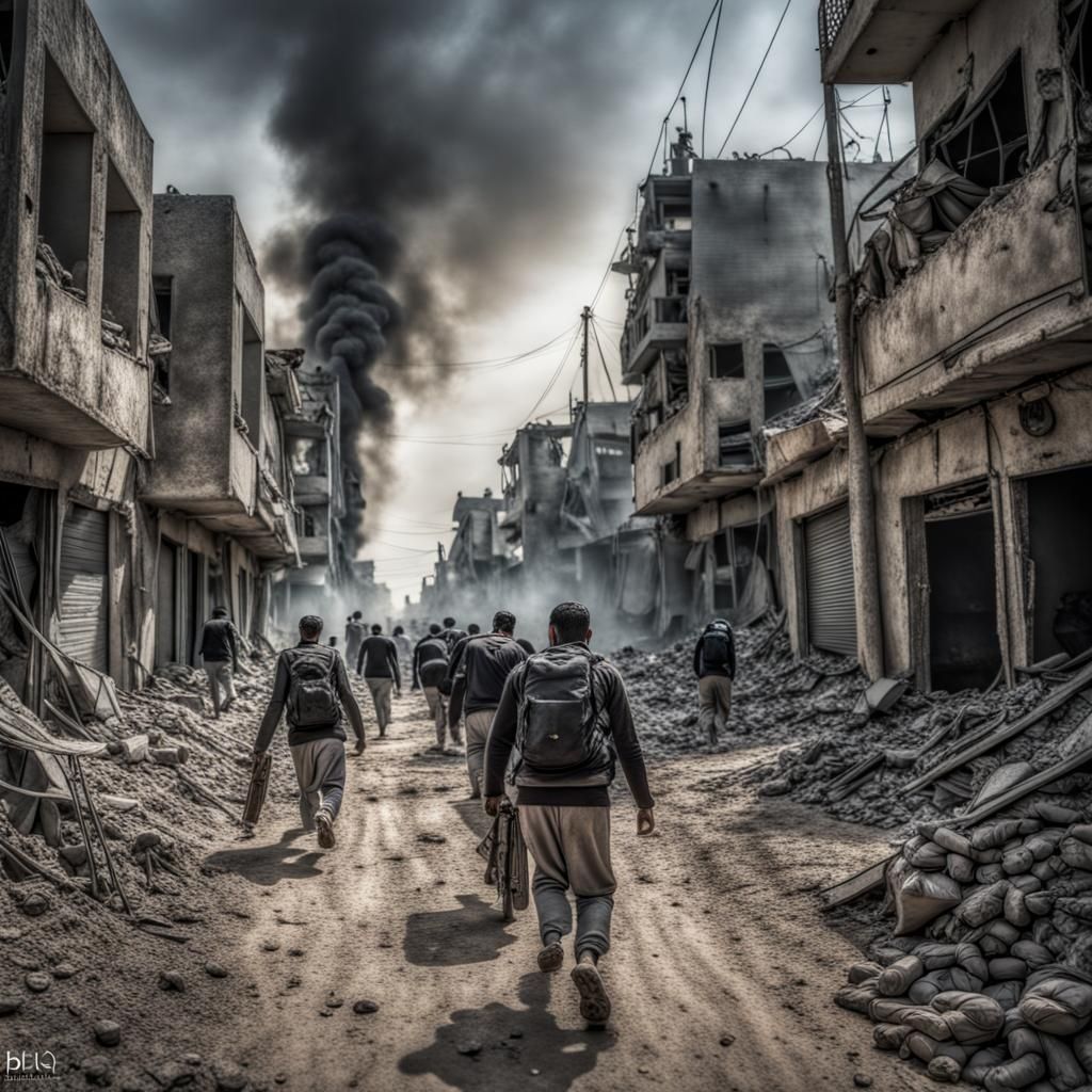War in Gaza: Desperate Escape, Hyperrealistic Image