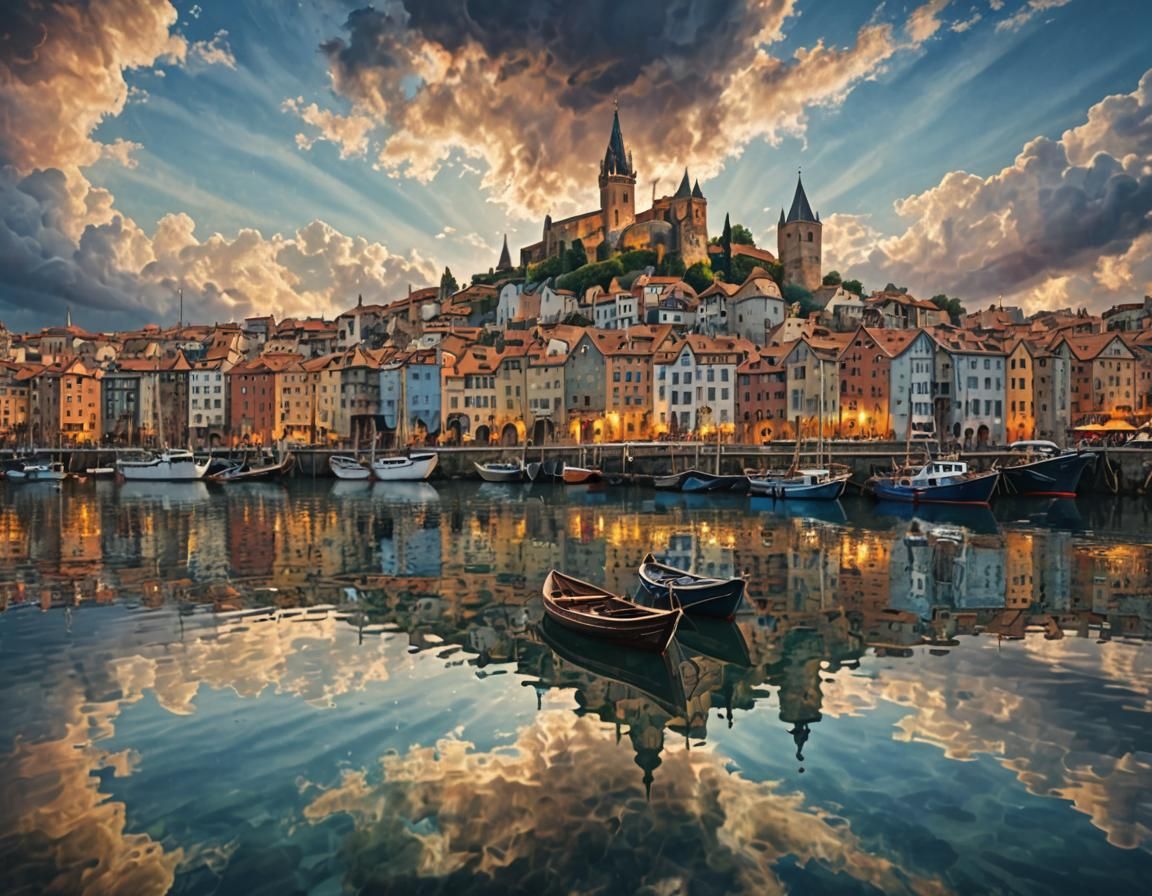Medieval Sky City Reflected Under Iridescent Clouds