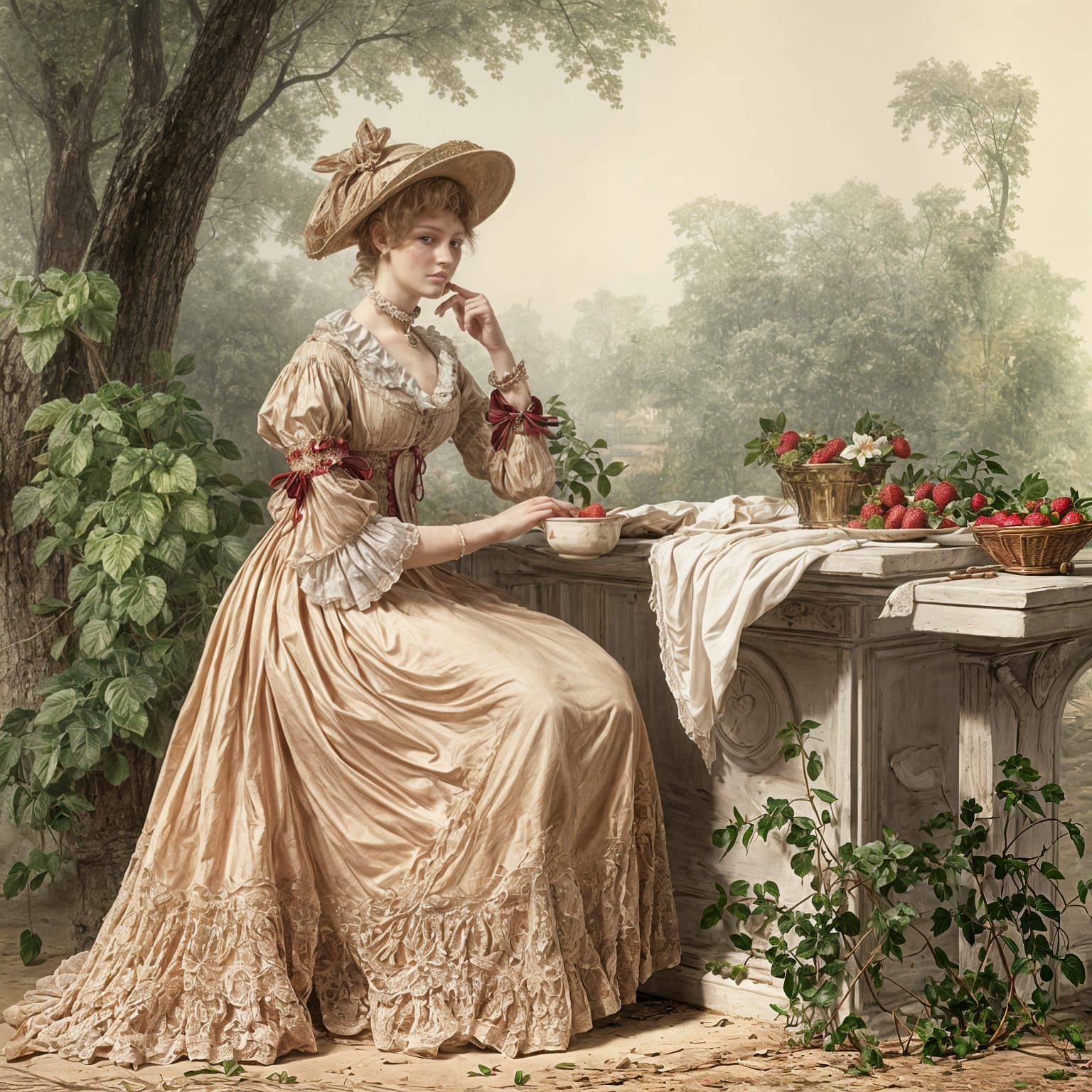 Regency Fashion: Strawberry-Blonde Lady Inspecting Fabrics