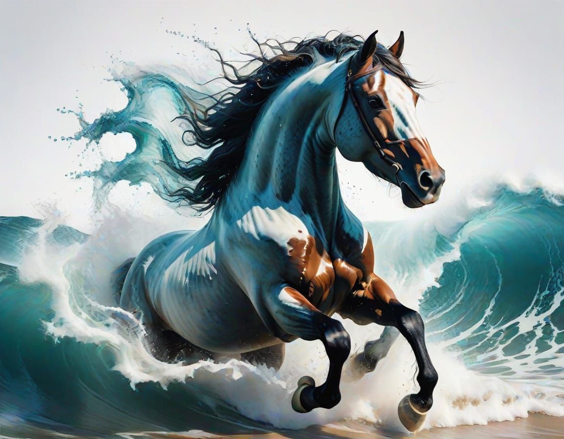 Galloping Horse in a Turbulent Ocean Splash