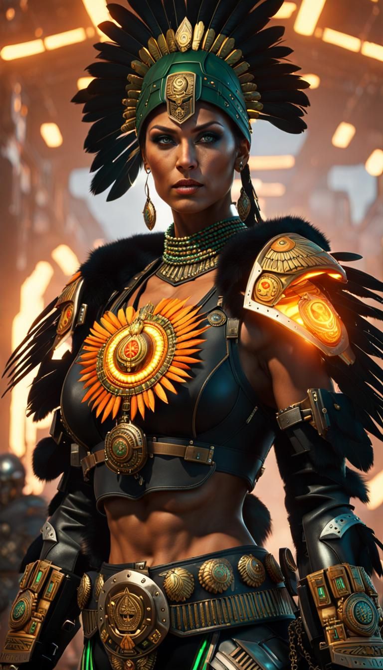 Aztec Warrior Woman in Cyberpunk Armor with Flaming Sword