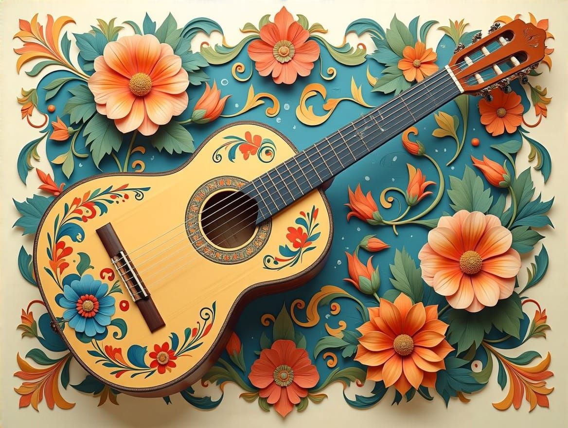 Spanish Guitar in Whimsical Art Nouveau Style
