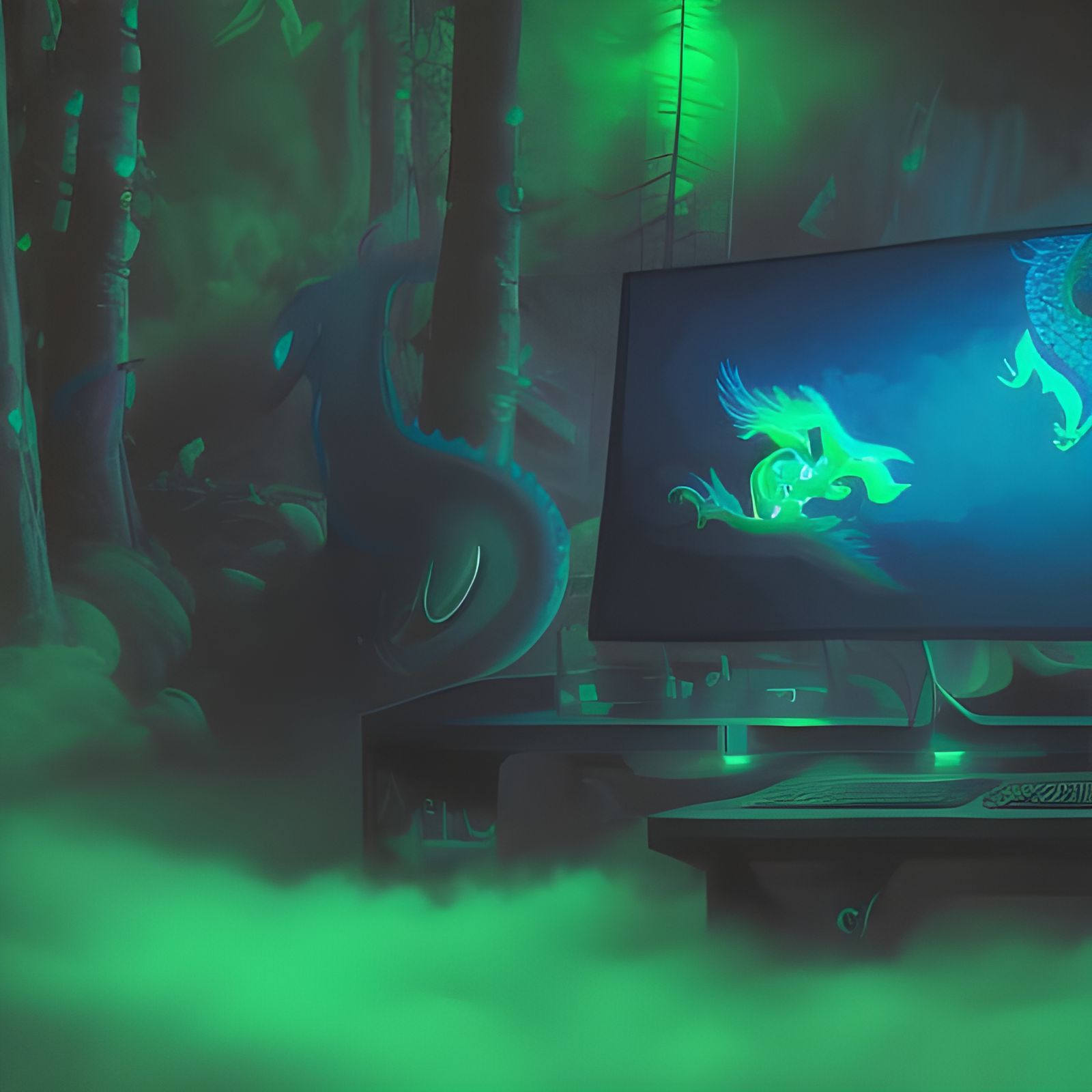 Gaming Setup in Foggy Forest, Oil Painting