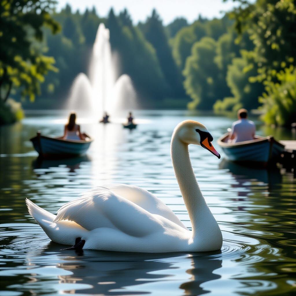 Swan on Lake with Fountain in Cinematic Style