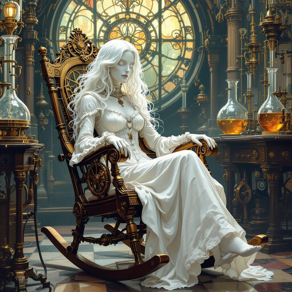 Ghostly Woman in Steampunk Rocking Chair, Art Nouveau Style