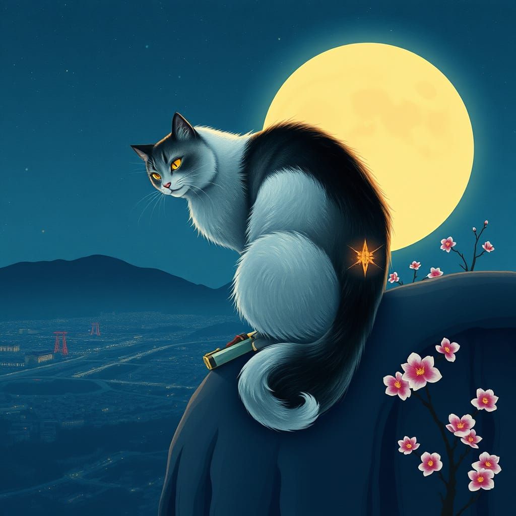 Majestic Samurai Cat on Curved Roof Under Full Moon in Tradi...