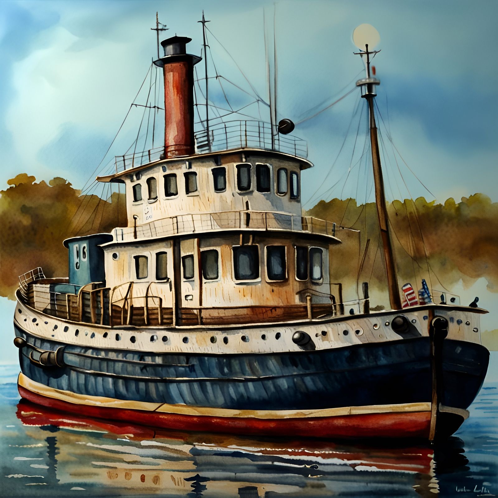 Antique Wooden Tugboat Watercolor Painting
