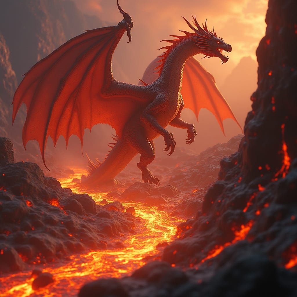 Fiery Dragon Plays in Volcano, Fantasy Concept Art