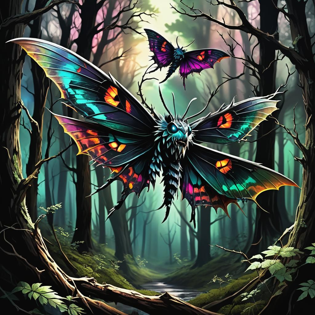 Darkpunk Moth Dragon Over Tormented Woods