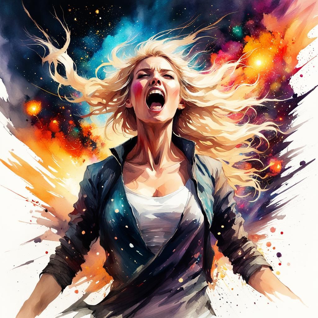 Screaming Blonde Woman in Digital Watercolor Style