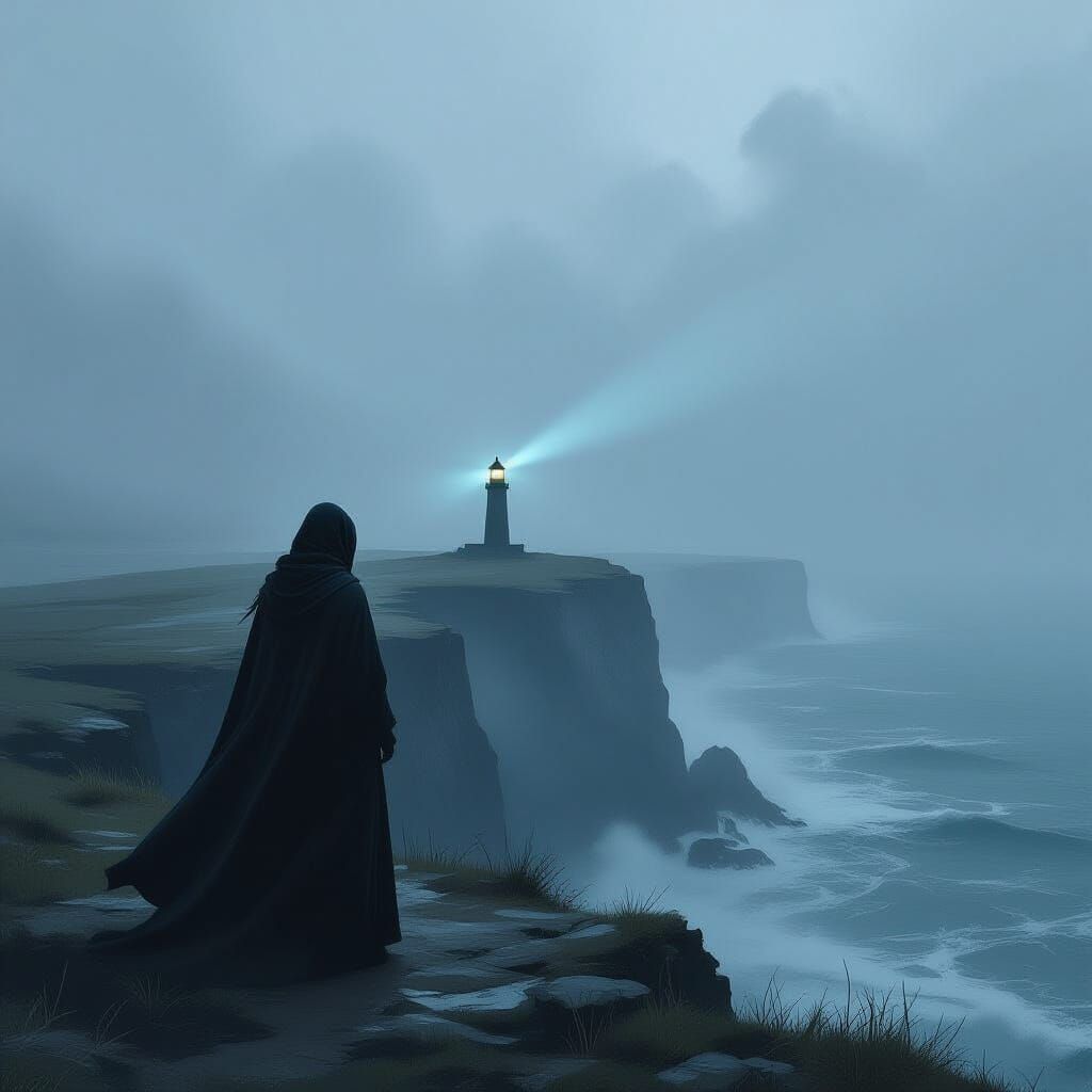 Woman on Cliff Overlooking Stormy Sea with Lighthouse