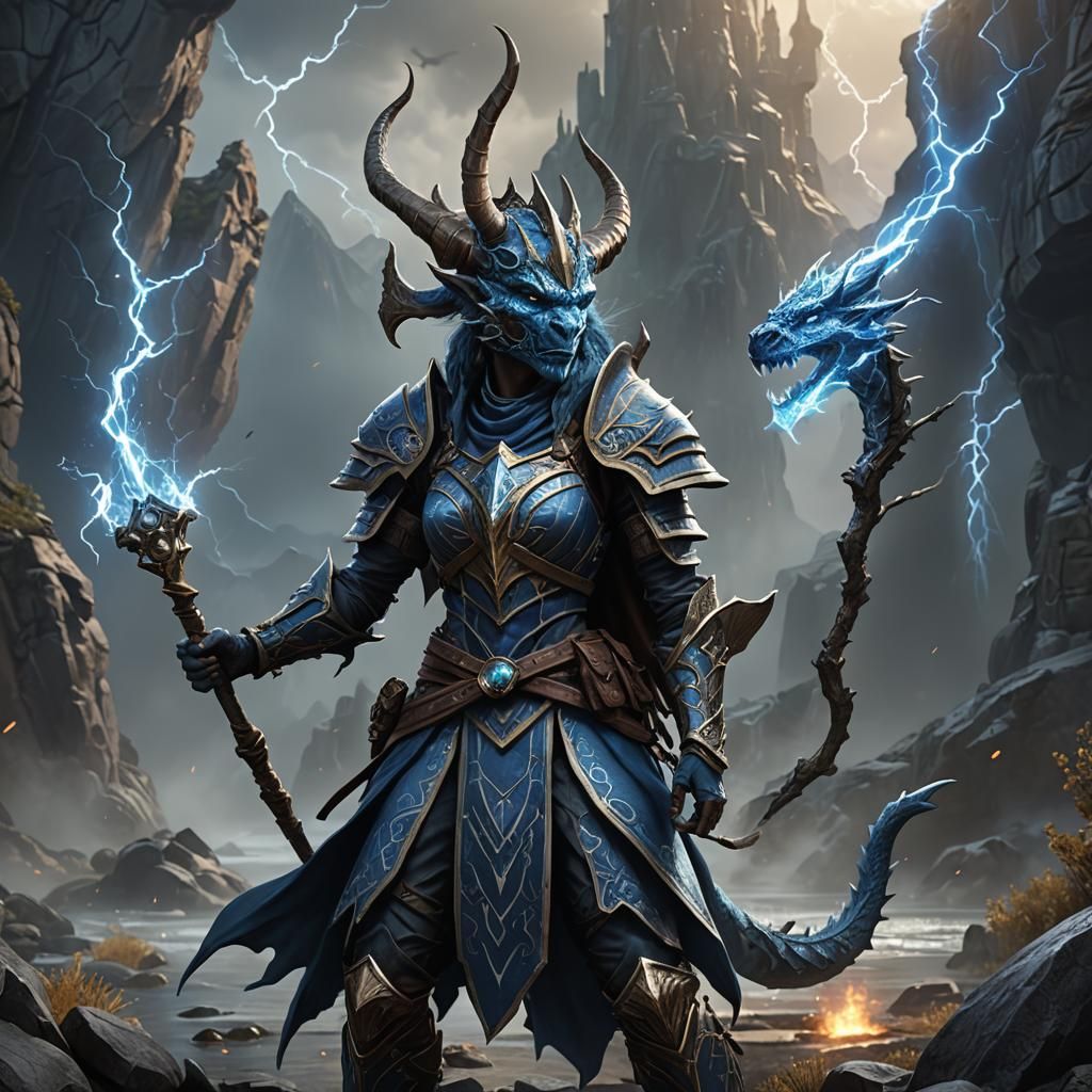 Blue Dragonborn Wizard with Lightning Staff