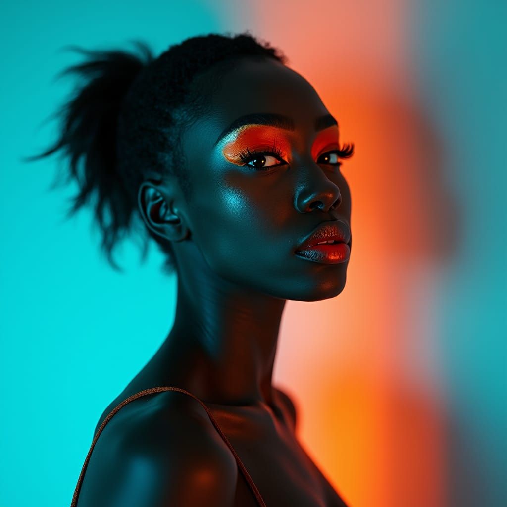 Hyperrealistic Portrait of a Woman in Vibrant Orange Makeup