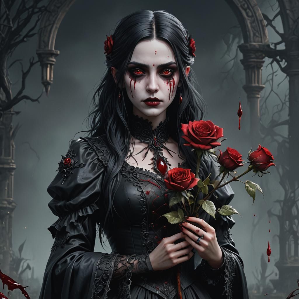 Gothic Girl with Rose: Detailed Fantasy Art