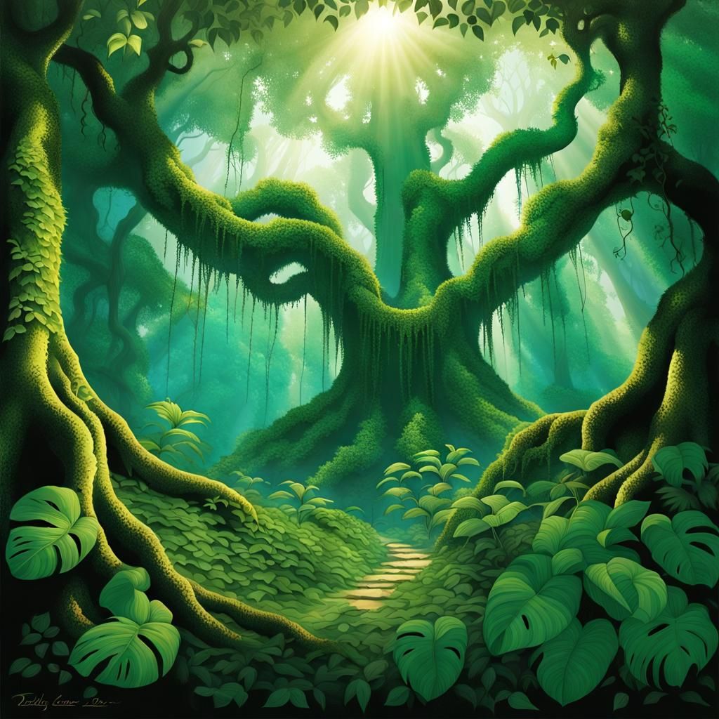 Lush Jungle Scene with Exotic Flora and Fauna