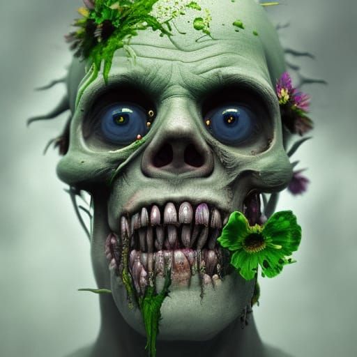 Hyperrealistic Oil Painting of a Decayed Zombie Head