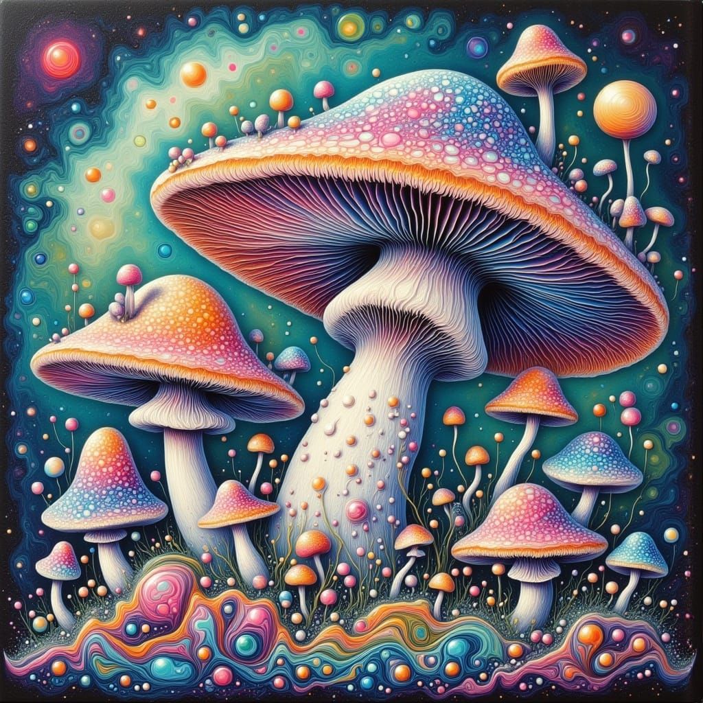 <lora:-Fluid Art-:1.0> A fairy mushroom house in an enchanted bioluminescent forest. Glowing psychedelic mushrooms sprou...