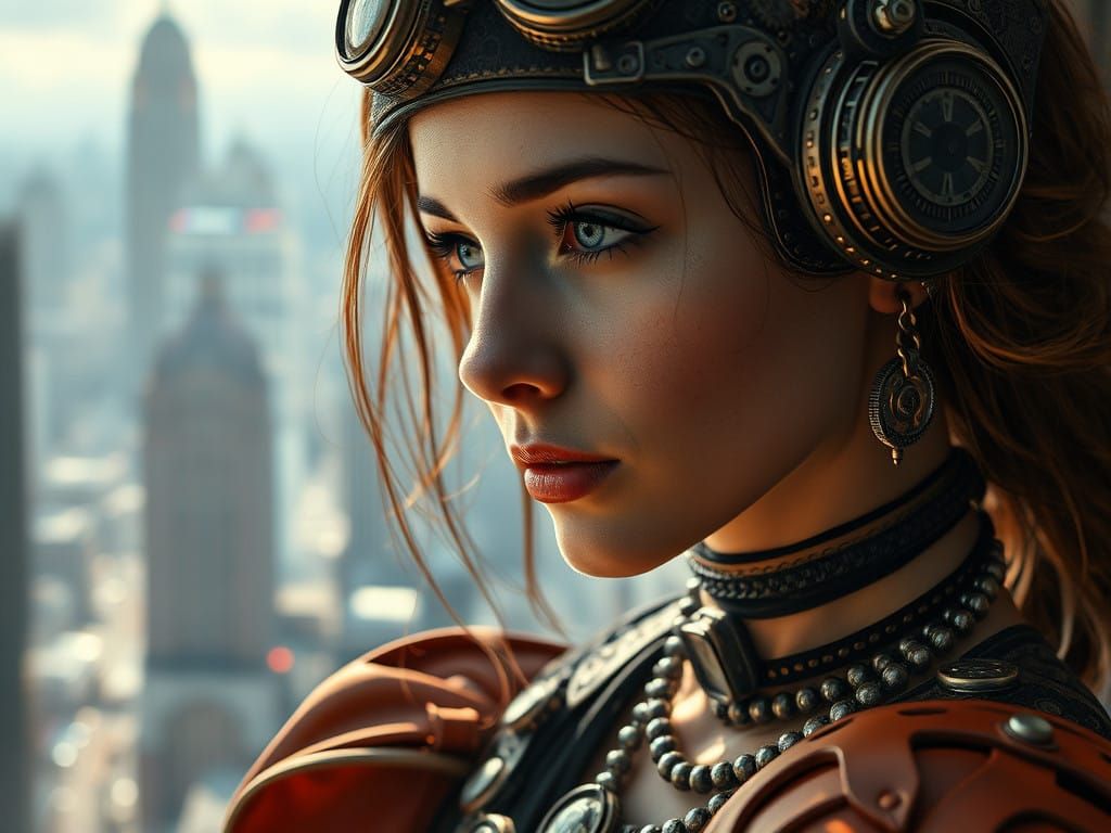 Steampunk Goddess in Hyperrealistic Cyberpunk Metropolis