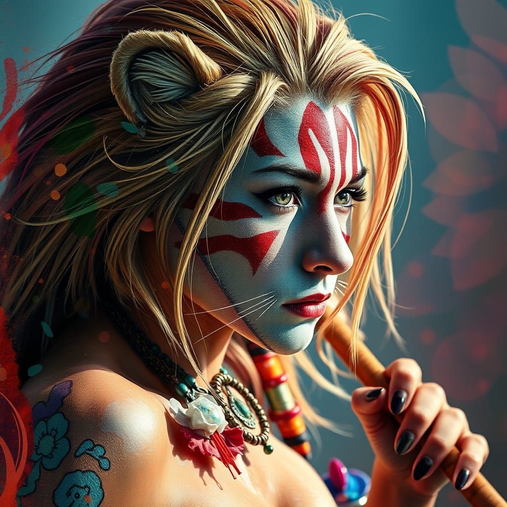 Lion-Striped Mermaid Warrior in Double Exposure Photography