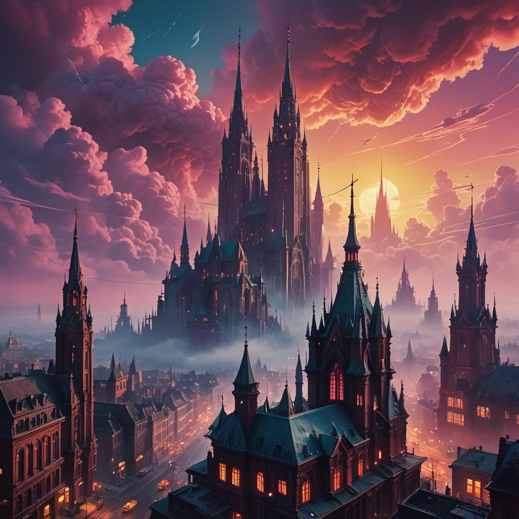 Surreal Cityscape with Glowing Mist in Digital Matte Paintin...