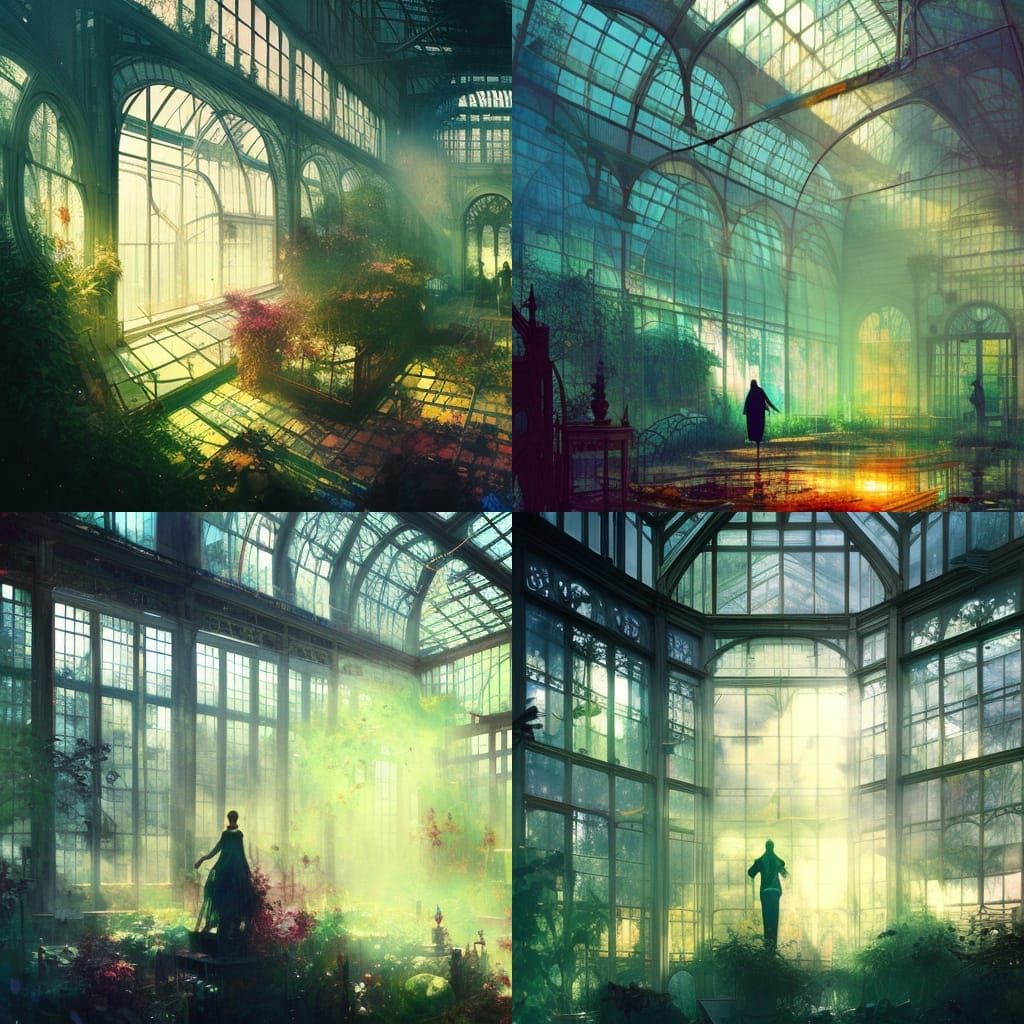 Serene Victorian Greenhouse Digital Illustration
