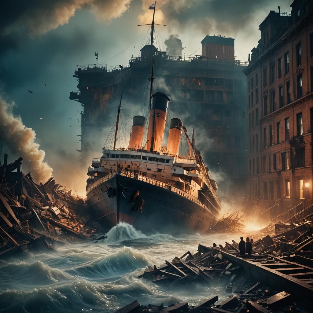 Epic Titanic Sinking Cinematic Film Still in 35mm Style