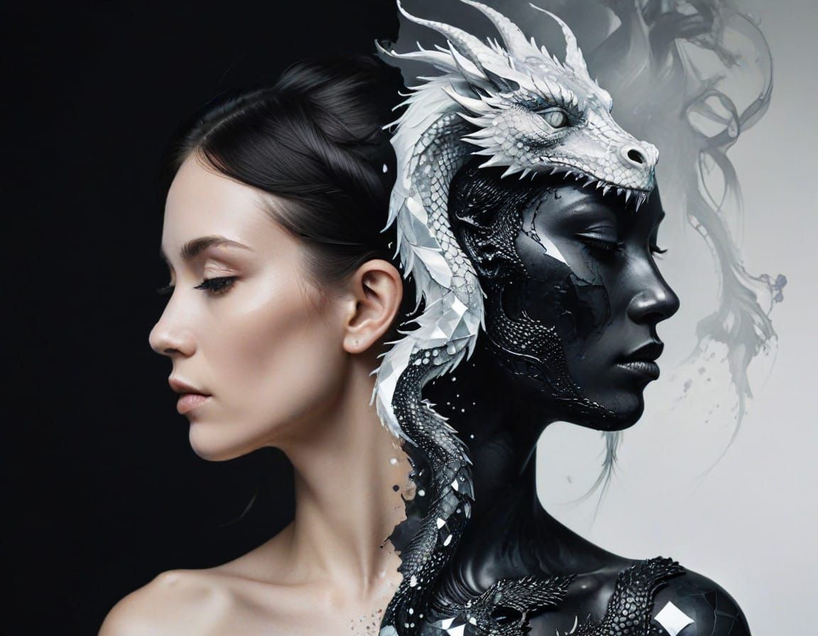 Ethereal Yin-Yang Portrait in Oils, Double-Exposure Dragon S...
